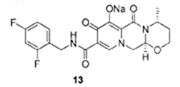 A black and white structural drawing of the sodium salt of the substituted-anthracene compound labelled AA or 12 (i.e. Dolutegravir) with sodium replacing the hydroxy hydrogen at position 5 on the anthracene ring, the sodium salt labelled as compound 13, also referred to as Dolutegravir sodium 
