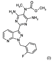 A black and white structural drawing of the pyrimidino-substituted pyrazolo[3,4-b]pyridino bicyclic molecule having the ring substituents as defined and located in the positions as described in the claim by IUPAC naming conventions.  