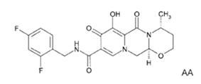 A black and white structural drawing of the substituted-anthracene compound labelled AA that has been referred to by the IUPAC name (4R,9aS)-5-hydroxy-4-methyl-6,10-dioxo-3,4,6,9,9a,10-hexahydro-2H-1-oxa-4a,8a-diaza-anthracene-7-carboxylic acid-2,4-fluoro-benylamide, which is more commonly referred to by the trade name Dolutegravir. 