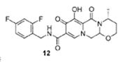 A black and white structural drawing of the same substituted-anthracene compound labelled as AA in the claims, here in labelled as compound 12, which has been referred to by the IUPAC name (4R,9aS)-5-hydroxy-4-methyl-6,10-dioxo-3,4,6,9,9a,10-hexahydro-2H-1-oxa-4a,8a-diaza-anthracene-7-carboxylic acid-2,4-fluoro-benylamide, more commonly referred to by the trade name Dolutegravir 